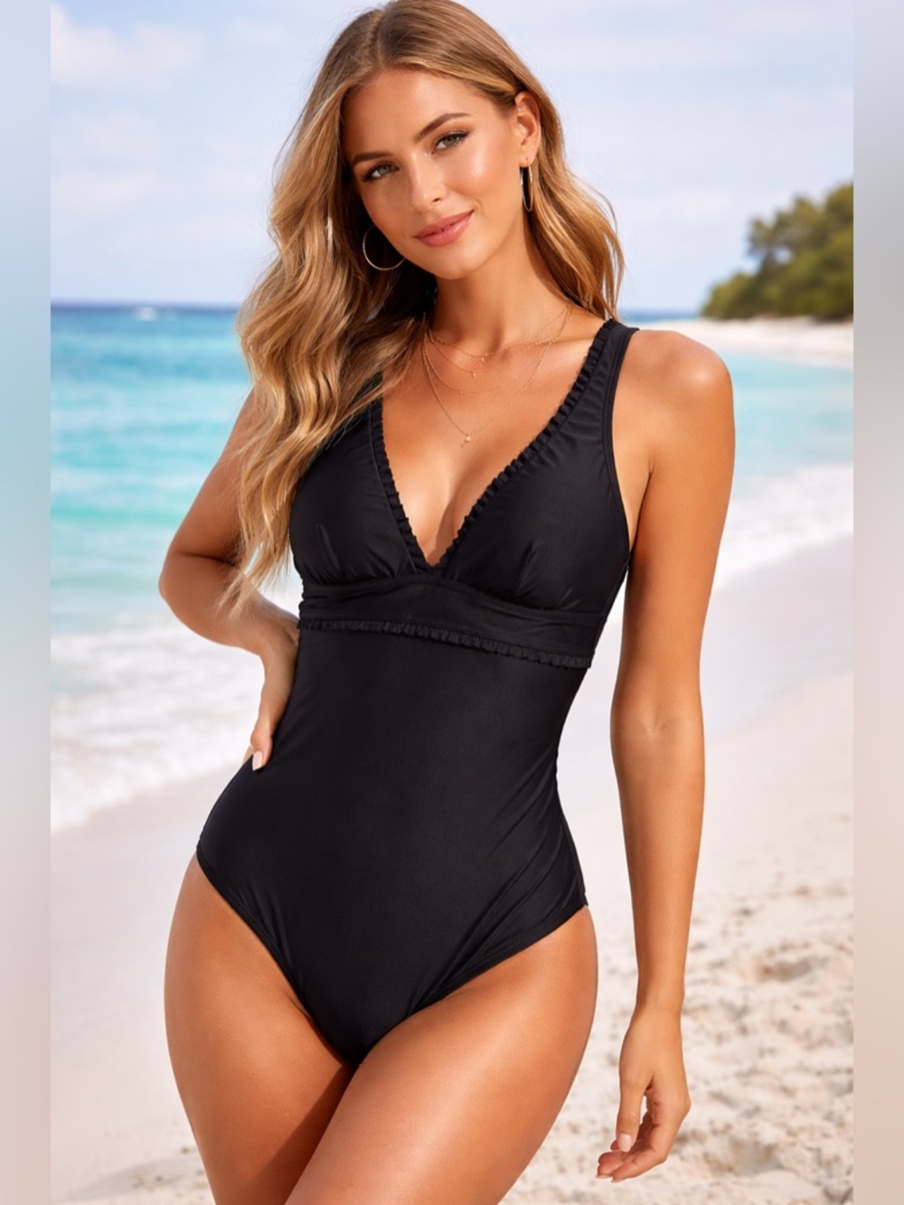 TOMMY HILFIGER Black One Piece Swimsuit Ruffle Trim V-neck Women’s Size 6